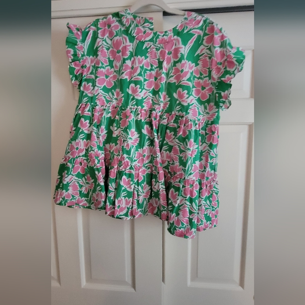 Floral Flutter Sleeve Peplum Top - Pink & Green